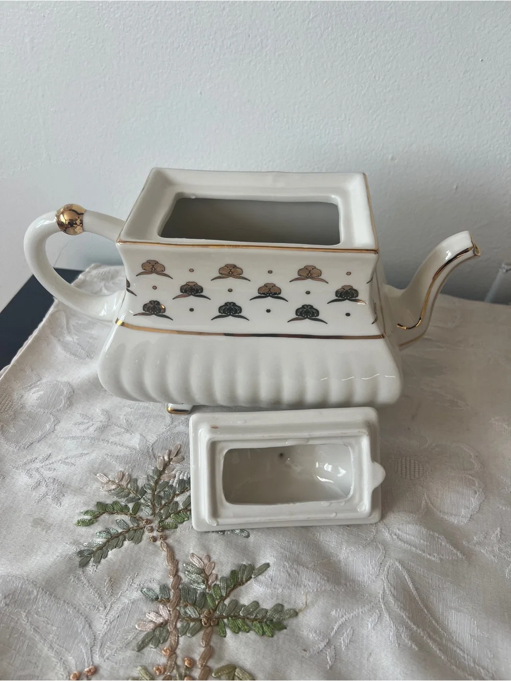 Anthropologie Cream and Gold MET Collaboration Stoneware Teapot